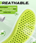Close-up of breathable, mesh-textured surface of insoles with holes for airflow, green color. Two Pairs All Day Comfy Insoles For Men And Women With Memory Foam Inserts For Odor Prevention And Superior Shock Absorption And Cushioned Support For Foot Relief While Walking Or Running Steppers product.
