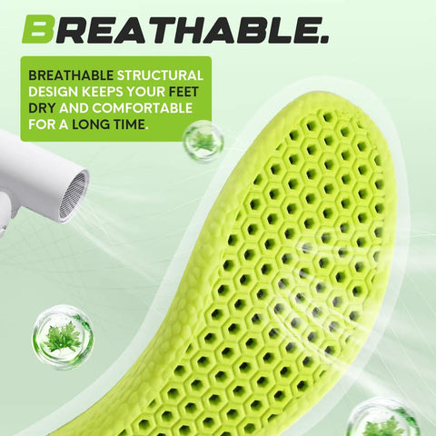 Close-up of breathable, mesh-textured surface of insoles with holes for airflow, green color. Two Pairs All Day Comfy Insoles For Men And Women With Memory Foam Inserts For Odor Prevention And Superior Shock Absorption And Cushioned Support For Foot Relief While Walking Or Running Steppers product.