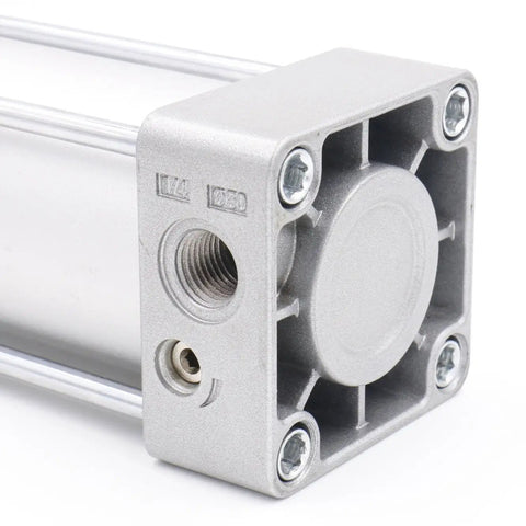 Close-up of Industrial Pneumatic Tie Rod Cylinder With 50mm Bore And 125mm Stroke For Woodworking And Industrial Machines Double Acting PT One Quarter Port Adjustable Cushion