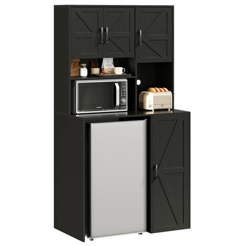 All In One Mini Fridge Cabinet With Storage And Coffee Bar Station, Outlets And Microwave Shelf, Wine And Beverage Stand, Black