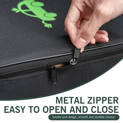 Close-up of metal zipper on Waterproof EV Charging Cable Organizer Bag That Keeps Your Stash Shipshape With A Street Smart Rectangle Design Built Tough For Cars Trucks And Hassle Free Garage Storage.