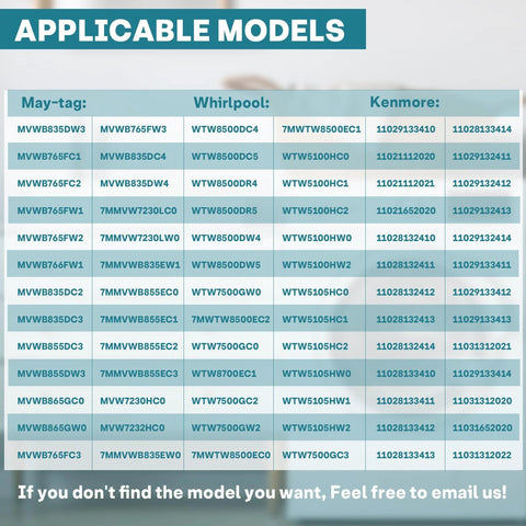 Washer water inlet valve compatibility chart with May-tag, Whirlpool, and Kenmore model codes.
