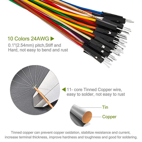 Long Header Jumper Wires Set 10Cm 20Cm 30Cm Multicolor Solderless Cables 120Pcs Assorted Kit 24 AWG Tinned Copper Close-up