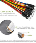 120 Piece Jumper Wire Kit Dupont Cables Assorted Male To Male Male To Female And Female To Female Solderless Multicolor Leads For Arduino Raspberry Pi Breadboard Protoboard Electronics Set Tinker Friendly showing multicolor wires, copper, and tin details.
