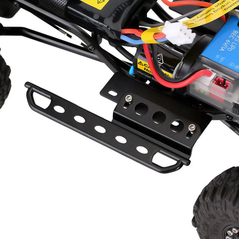 Close-up of black metal side pedal rock slider for 1/24 RC crawler, showcasing heavy-duty armor upgrade with abrasion resistant protection.