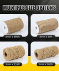 Image showing multiple size options for Natural Jute Twine Rope 8mm By 50ft Heavy Duty Roll For Cat Scratching Posts Bundling Gardening And DIY Crafts Pet Safe Fray Resistant Soft Texture Tough As Nails Ideal For Cat Climbing Posts And Rustic Home Projects.