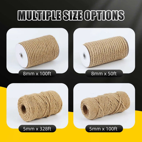 Image showing multiple size options for Natural Jute Twine Rope 8mm By 50ft Heavy Duty Roll For Cat Scratching Posts Bundling Gardening And DIY Crafts Pet Safe Fray Resistant Soft Texture Tough As Nails Ideal For Cat Climbing Posts And Rustic Home Projects.