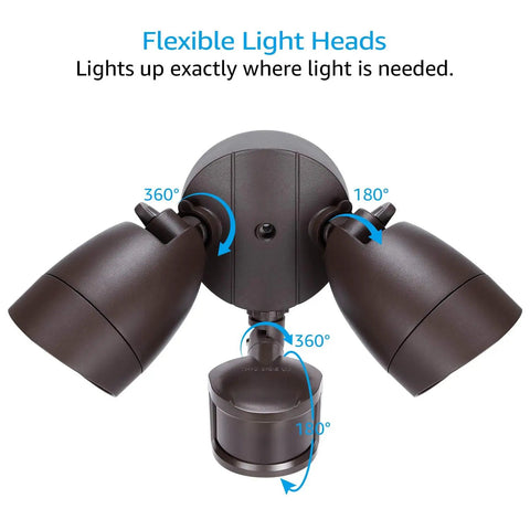 Bronze Dual Head Motion Sensor Flood Light, 1400lm Outdoor Security Light with adjustable heads, IP65 Waterproof