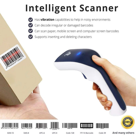 Wireless Portable 1D Bluetooth Barcode Scanner Handheld Workhorse 3 In 1 Cordless Rechargeable Scan Gun shown with barcode