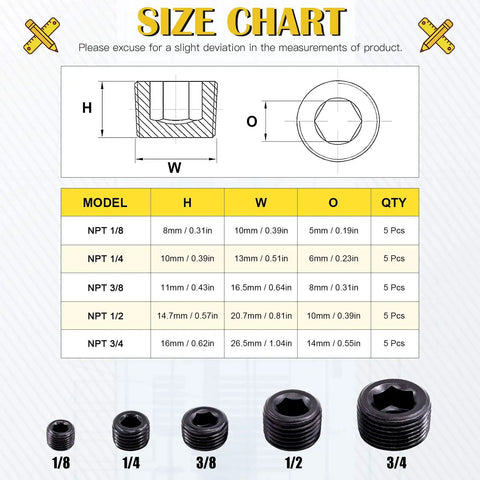 Size chart for NPT Pipe Plug Set Pro Grade 25 Pieces, Carbon Steel Male Thread Plugs, showing dimensions for 1/8" to 3/4" plugs.