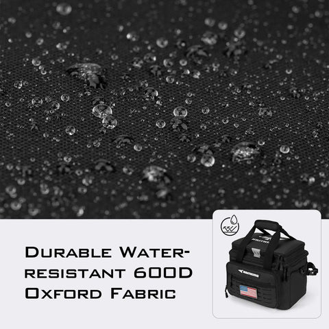 Detail of Karryall Tackle Bags Water Resistant Gear Storage fabric showing durable 600D Oxford material with water droplets