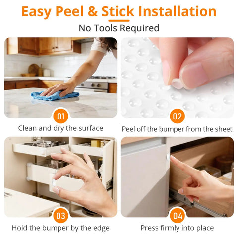 Easy peel & stick installation guide for Clear Corner Cabinet Door Bumpers And Drawer Stopper Pads Silica Gel Shields.