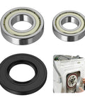 Heavy Duty Front Load Washer Bearing And Seal Kit with two bearings and a rubber seal for quiet operation and leak prevention.
