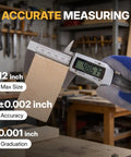 BLACK CANYON 12" Digital Caliper measuring a wooden piece with a digital display, showing 408.7 mm accuracy in a workshop.