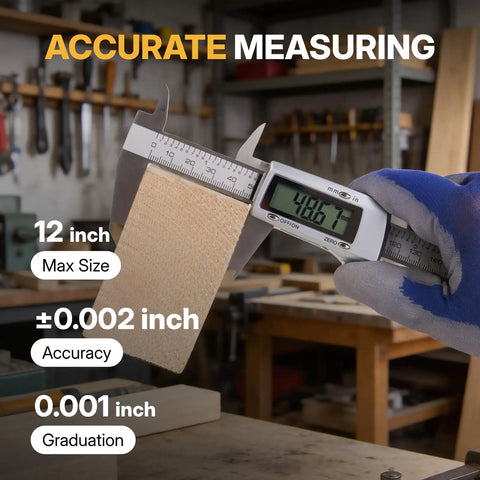BLACK CANYON 12" Digital Caliper measuring a wooden piece with a digital display, showing 408.7 mm accuracy in a workshop.