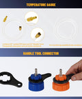 Front view of universal radiator pressure tester kit with white hoses, brass fittings, blue and orange connectors.