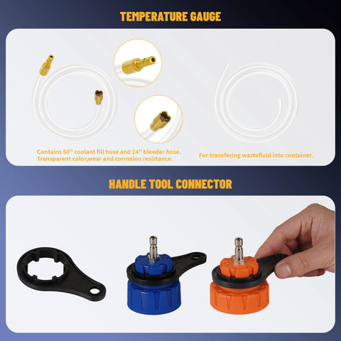 Front view of universal radiator pressure tester kit with white hoses, brass fittings, blue and orange connectors.