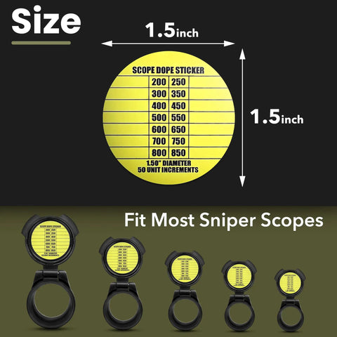 Seven Scope Dope Stickers for Long Range Shooting Fit Most Rifle Scope Caps, 1.5-inch diameter, yellow sticker display