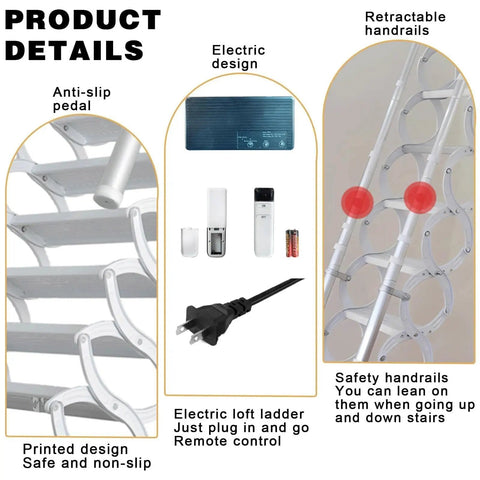 Electric Attic Ladder Pull Down Loft Stairs With Remote Control And Safety Handrails Heavy Duty Ceiling Access showing anti-slip pedals and retractable handrails.