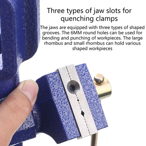High Strength Carbon Steel Woodworking Bench Vise With 360 Rotation And Dual Control Clamps showing jaw slots for quenching clamps.