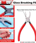 Glass breaking pliers with red handles and steel head, ergonomic design, reset spring, neat jaw thread, shown in multiple views.