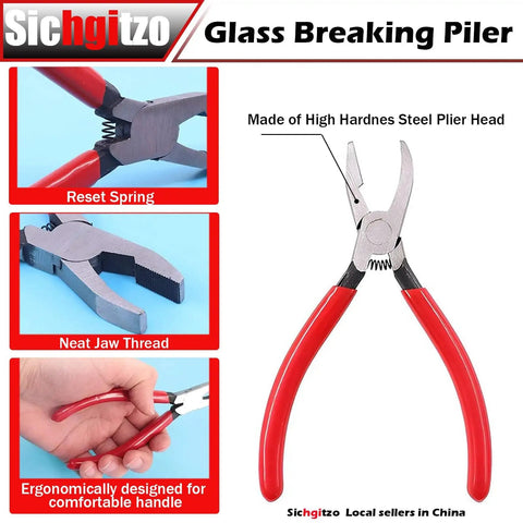Glass breaking pliers with red handles and steel head, ergonomic design, reset spring, neat jaw thread, shown in multiple views.