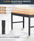 Height Adjustable Workbench With Wheels 60 Inch Solid Wood Top Heavy Duty Rolling Work Table at adjustable heights detail