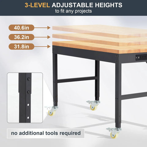 Height Adjustable Workbench With Wheels 60 Inch Solid Wood Top Heavy Duty Rolling Work Table at adjustable heights detail