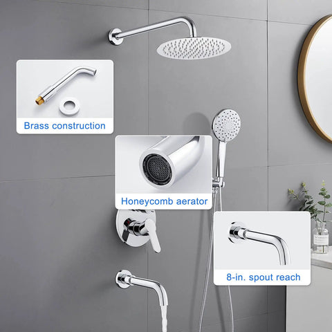 Bathtub Shower Faucet Set With Valve And Tub Spout 10 Inch Rain Shower Head And Handheld System Wall Mount Chrome Finish