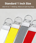 Premium 1 Inch Key Fob Hardware 10 Pack With Tough Keychain Rings And Secure Wristlet Ends For DIY Crafts That Are Absolute Game Changers And Handle The Daily Grind Without Breaking A Sweat displayed with standard 1 inch webbing in white, yellow, grey, and red.