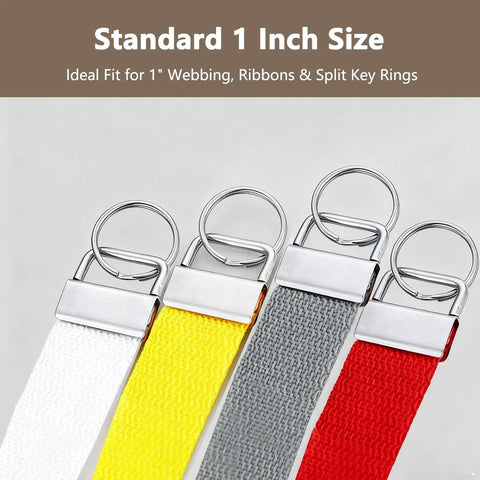 Premium 1 Inch Key Fob Hardware 10 Pack With Tough Keychain Rings And Secure Wristlet Ends For DIY Crafts That Are Absolute Game Changers And Handle The Daily Grind Without Breaking A Sweat displayed with standard 1 inch webbing in white, yellow, grey, and red.