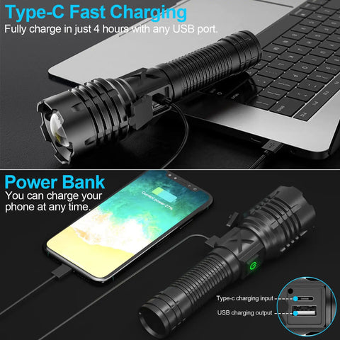 Rechargeable 10000 Lumen LED Tactical Flashlight With 5000mAh Battery, USB charging, next to a laptop and smartphone