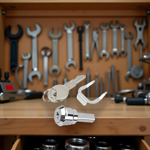Universal Stainless Toolbox Lock With 180 Degree Rotation For Cabinets And Drawers Built Tough Cylinder Lock Includes 2 Keys And 1 Fastening Tab Fits Most Toolboxes And Cabinets, silver lock and keys on workbench