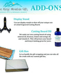 Wooden cutting board with display stand, blue oil bottle, and gift box (Amazon)
