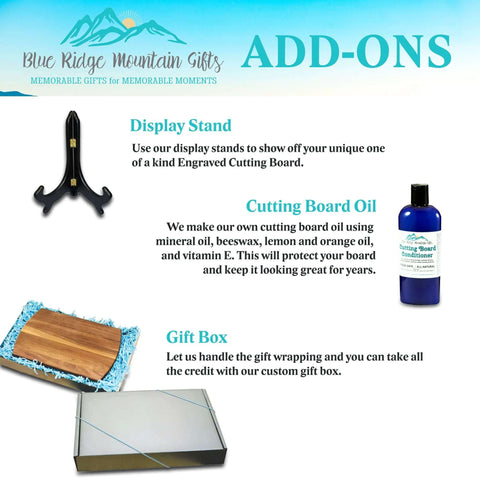 Wooden cutting board with display stand, blue oil bottle, and gift box (Amazon)