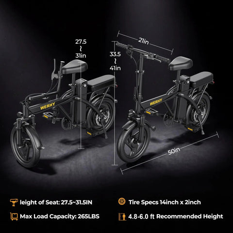Compact Electric Dirt Bike For Adults With 14 Inch Tires, foldable design, shown from side and front angles.
