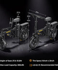 Powerful 500W Folding Electric Bike For Adults Dope 20 MPH Max Speed 14 Inch Wheel Commuter E Bike With Pedal Assist Range Up To 30 Miles Ultra Portable Lightweight Ride, black frame dimensions view