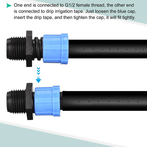 Drip Irrigation Barbed Locking Fittings Pack For 16mm Tubing G1/2 Male Thread in black PE plastic with blue locking cap