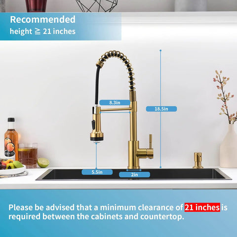 Gold Kitchen Faucet With Soap Dispenser And Pull Down Sprayer, Three Color LED Temperature Light, 18.5 in tall