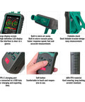 Grab And Go Handheld Dust Particle Counter Monitors Aerosol Density Checks Pm25 Plus Pm10 For Cleanrooms With Fast Digital Readouts and Straight Up Tight Accuracy, showing LCD screen, air pump, buttons, and foldable stand.