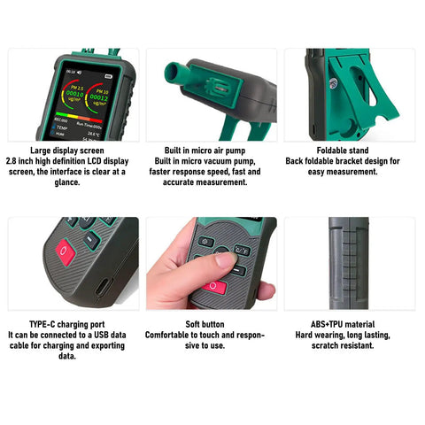 Grab And Go Handheld Dust Particle Counter Monitors Aerosol Density Checks Pm25 Plus Pm10 For Cleanrooms With Fast Digital Readouts and Straight Up Tight Accuracy, showing LCD screen, air pump, buttons, and foldable stand.