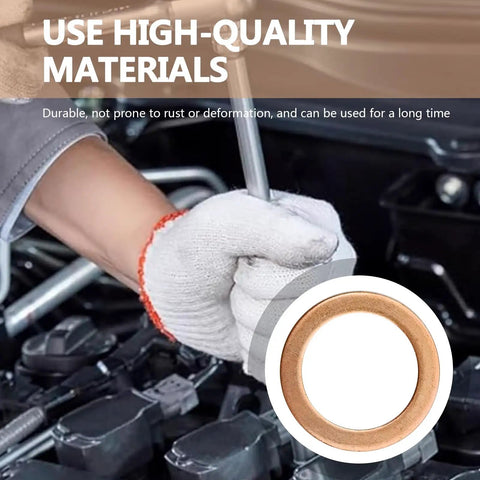Mechanic using Leak Proof Oil Drain Plug Gasket Kit With Copper And Aluminum Crush Washers 100 Piece Set Includes M10 M12 M14 M16 M18 Heat Resistant For Cars Trucks And Bikes.