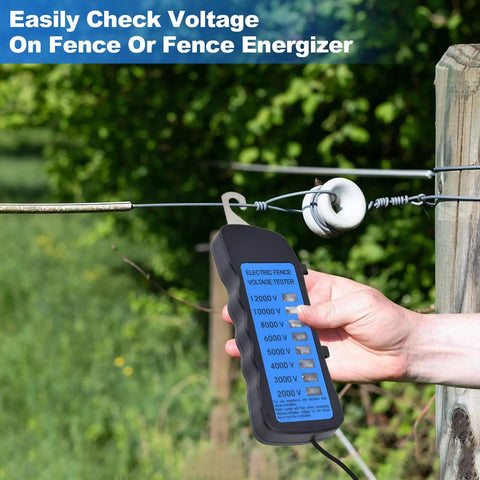 Pro Grade High Voltage Fence Tester For Farms, 12 KV Max, Portable Fault Finder With 8 Neon Indicator Lights, Electric Fence Testing Tool For Energizers, Grounds And Fence Components, Quick Readouts For Safe Accurate Fence Status. Handheld tester on fence line.
