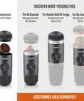 Nanopresso Portable Espresso Maker With 18 Bar Pressure Manual Battery Free Travel Coffee Kit For Rich Crema On The Go Evolution From Minipresso Compact Grey showing accessories.