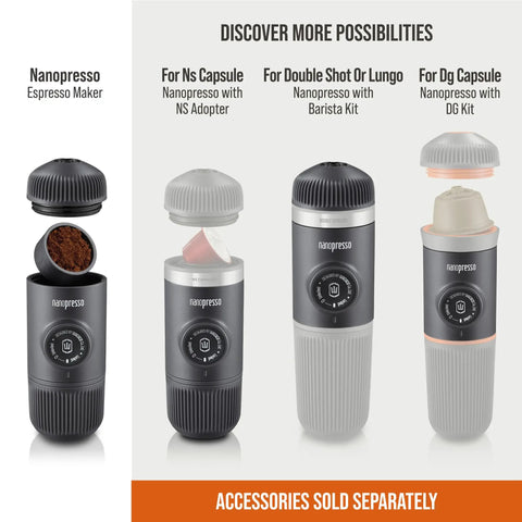 Nanopresso Portable Espresso Maker With 18 Bar Pressure Manual Battery Free Travel Coffee Kit For Rich Crema On The Go Evolution From Minipresso Compact Grey showing accessories.
