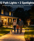 Evening outdoor scene with family walking by 14 Light Low Voltage Landscape Lighting System With 12 Path Lights Kit And 2 Spotlights Aluminum Build Plug And Play IP65 Waterproof Remote Timer 3000K Warm White 140 Feet Run 72W 24V ETL Controller.