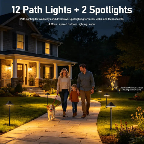 Evening outdoor scene with family walking by 14 Light Low Voltage Landscape Lighting System With 12 Path Lights Kit And 2 Spotlights Aluminum Build Plug And Play IP65 Waterproof Remote Timer 3000K Warm White 140 Feet Run 72W 24V ETL Controller.