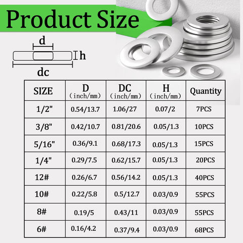 270-pc flat washers set, 304 stainless steel, eight sizes (1/2, 3/8, 5/16, 1/4, 12#, 10#, 8#, 6#) for screws and bolts
