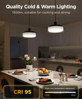 Modern Three Layer Pendant Lights For Kitchen Island Featuring Rgbic Smart Color Changing Strips And Dimmable Warm White Output illuminating dining table with various dishes.