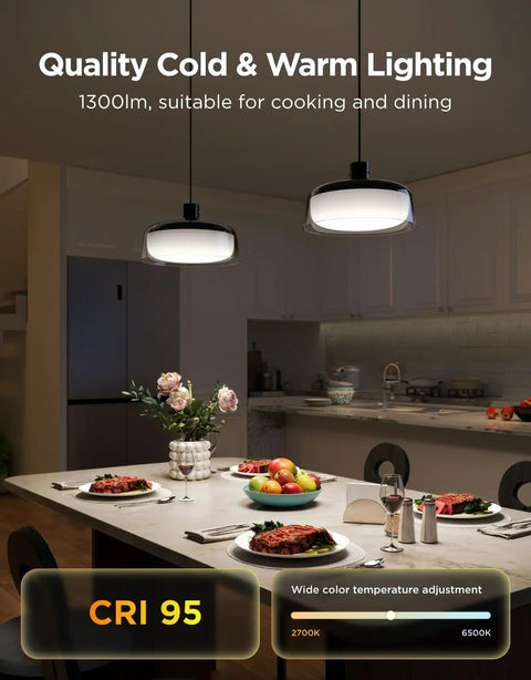 Modern Three Layer Pendant Lights For Kitchen Island Featuring Rgbic Smart Color Changing Strips And Dimmable Warm White Output illuminating dining table with various dishes.